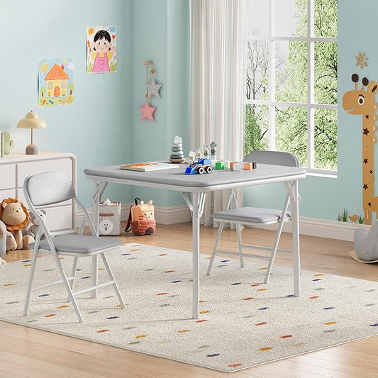 GarveeHome 3-Piece Kids Folding Table and Chairs Set, Toddlers Children's Activity Table and Chairs Set for Dining Room,Daycare,Classrooms