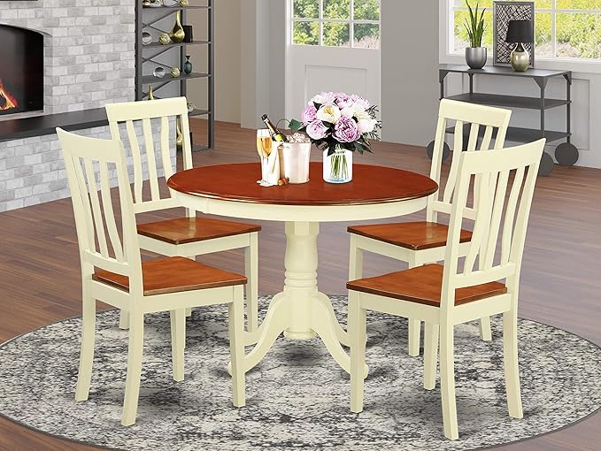 East West Furniture HLAN5-BMK-W 5 Piece Modern Dining Table Set Includes a Round Wooden Table with Pedestal and 4 Dining Room Chairs, 42x42 Inch, Buttermilk & Cherry