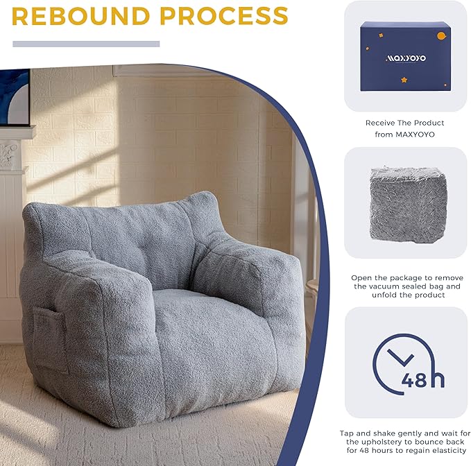 MAXYOYO Bean Bag Chair, Tufted Bean Bag Sofa with Boucle Fabric, Comfy Lazy Chair with Filler, Living Room Sofa for Adults Teens, Accent Couch for Bedroom Dorm, Grey