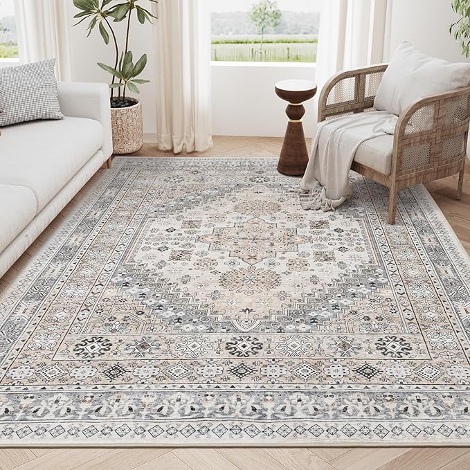 zesthome 3x5 Rug Ultra Soft Washable Rug, Non Slip Area Rug Indoor Entrance, Stain Resistant Rugs for Living Room Bedroom, Vintage Home Decor Area Rugs (Beige,3'x5')