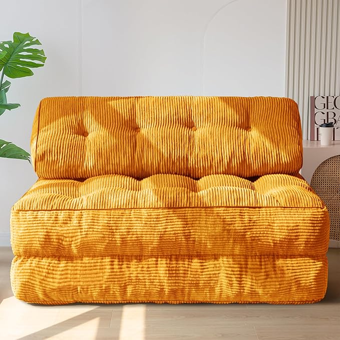 MAXYOYO Folding Sofa Bed, Convertible Sleeper Chair with Pillow Foldable Matress with Back Support, Portable Fold Out Chair Bed Comfy Floor Sofa Lounge for Living Room Bedroom, Orange Double