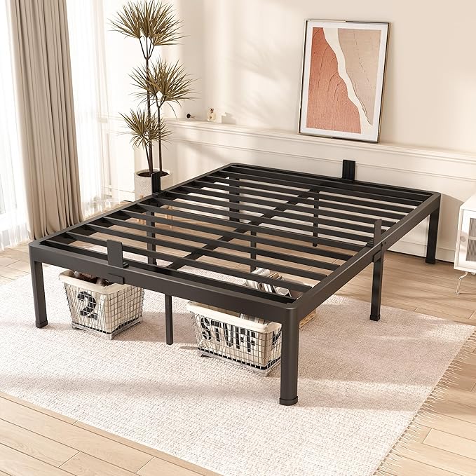 FUIOBYVV Queen Bed Frame with Round Corner Edge Legs 18 inch High 3500 lbs Heavy Duty Metal Platform Bed Frame Queen Size No Box Spring Needed/Non-Slip/Steel Slat Support/Noise Free
