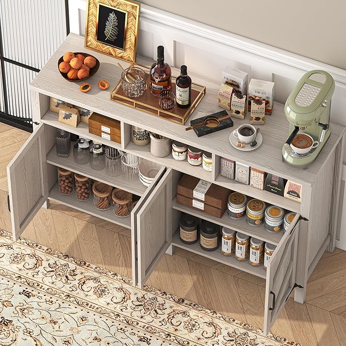 Buffet Cabinet with Storage Farmhouse with 4 Doors, 55'' Large Kitchen Storage Cabinet Wood Coffee Bar Buffet Sideboard for Kitchen, Dining Room, Entryway