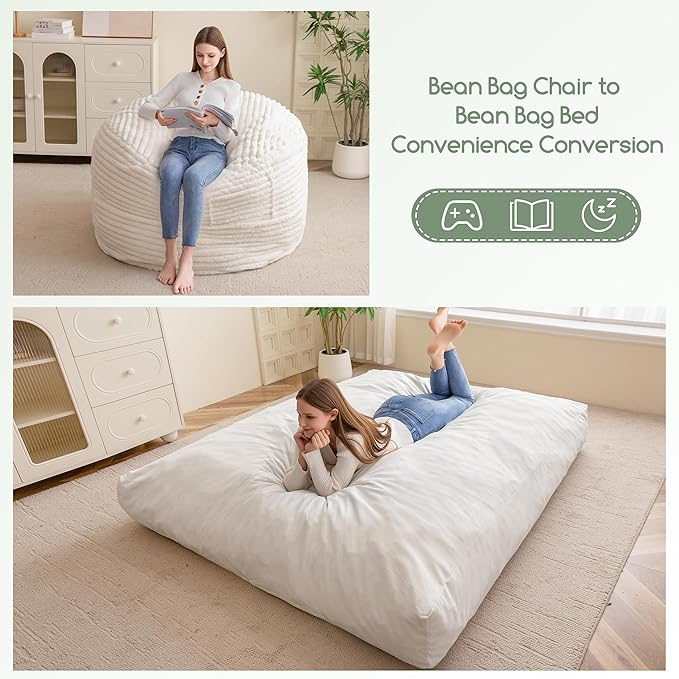 Giant Bean Bag Chair Bed for Adults, Convertible Beanbag Folds from Lazy Chair to Floor Mattress Bed with Machine Washable Cover, Large Floor Sofa Couch with High-Density Foam Filling