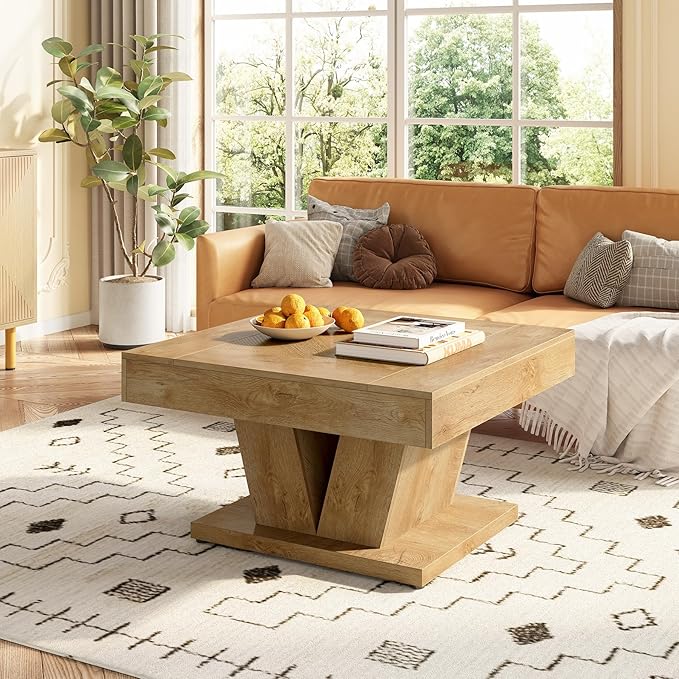 LITTLE TREE Square Coffee Table, Modern Rustic Coffee Table for Living Room, Wooden Table with Adjustable Feet, Oak