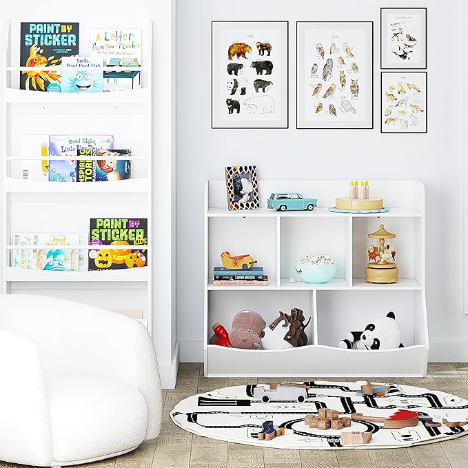 UTEX Toy Storage Organizer with Bookcase, Kid’s Multi Shelf Cubby for Books,Toys, Storage Organizer for Boys,Girls Play Room/Bedroom-White