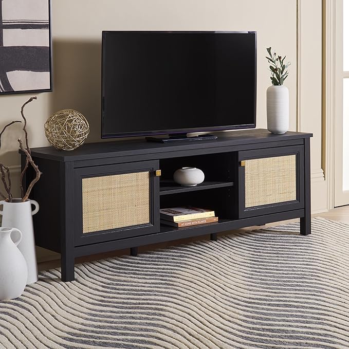 SAFAVIEH Evane TV Stand for up to 65" Flatscreen – Black & Natural, 2 Doors with Interior Storage, 2 Open Shelves, Entertainment Media Console (MED9629B)