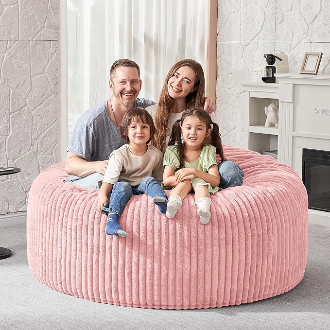 HABUTWAY 5FT Bean Bag Chair, 5' Large Bean Bag Chairs for Adults with Removable Stripe Plush Cover, Memory Foam Beanbag Chair for Living Room Bedroom Dorm (Tender Pink)