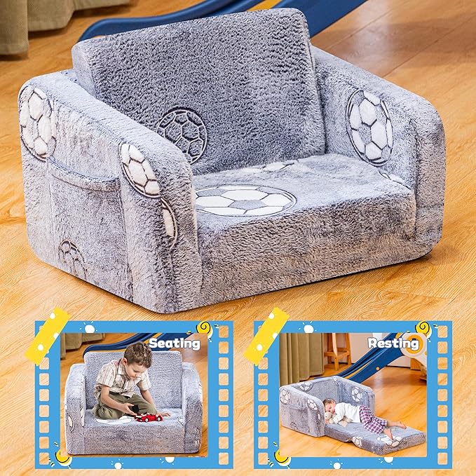Lamerge 2-in-1 Soft Toddler Couch Fold Out,Foldable Toddler Chair, Glow in The Dark Kids Sofa for playroom,Convertible Foam and Floor Cushion for Boys and Girls (Grey and Football)