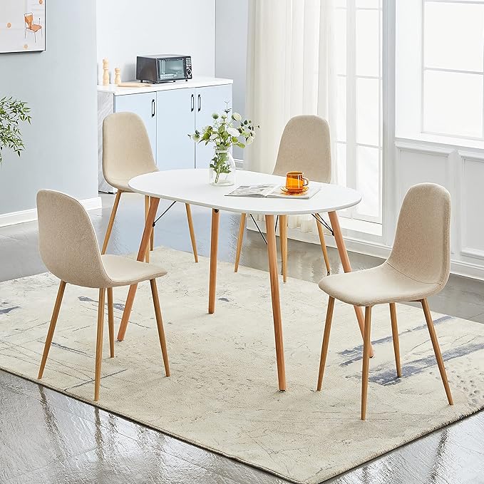 FurnitureR Dining Chairs Set of 4, Upholstered Fabric Armless Dining Room Seating, Side Chair Mid-Back with Metal Legs for Kitchen Living Room Bedroom, Light Beige