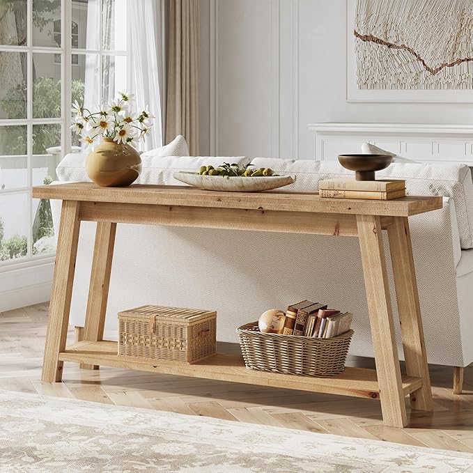LITTLE TREE 70.9" Solid Wood Console Table for Entryway, 2-Tier Sofa Table Behind Couch, Farmhouse Entryway Table for Living Room, Bedroom, Foyer