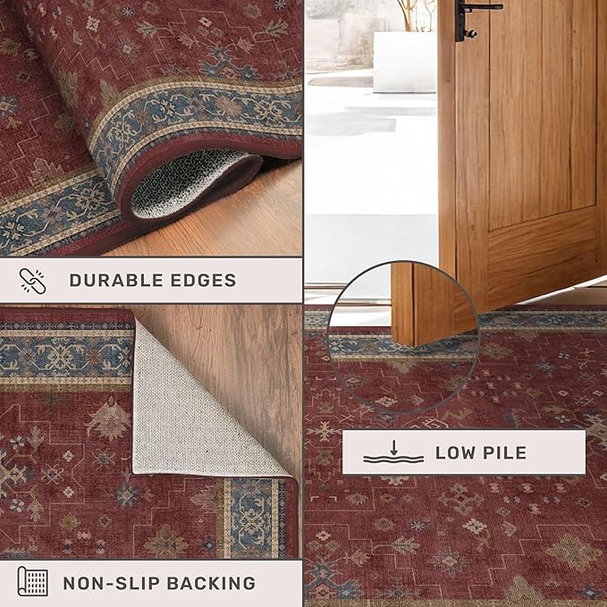 Oriental 8x10 Large Area Rugs for Living Room - Burgundy Rug for Bedroom Under Bed, Dining Room Under Kitchen Table, Washable Soft Non Slip Unique Indoor Décor
