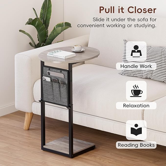 Vagusicc C Shaped End Table, Adjustable Height Small Side Table for Couch and Recliner, 32" Tall Couch Side Table Slide Under Sofa Tray Desk with Storage Bag for Living Room and Bedroom, Greige