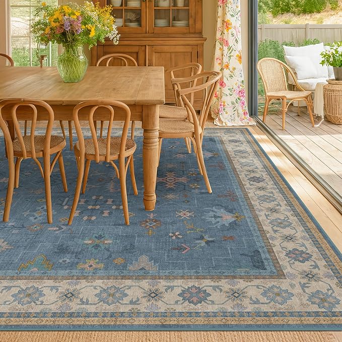 Boho 6x9 Living Room Rugs - Modern Dark Blue Dining Room Rug for Under Table, Lightweight Washable Foldable Low Pile Carpet, Eclectic Floral Bedroom Décor Aesthetic