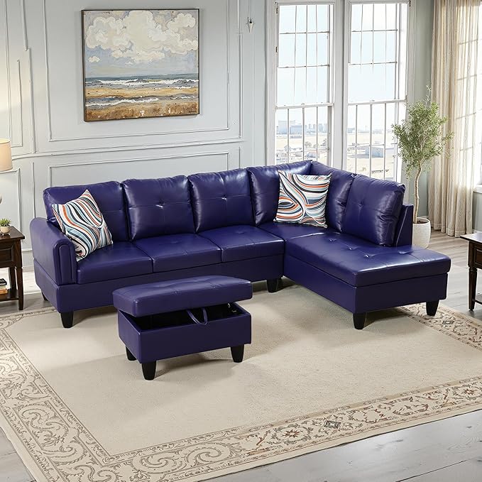 NicBex Sectional Couch 3 Pieces Sofa Set with Left Chaise Faux Leather L Shaped Cloud Couch for Living Room Furniture Sets with Storage Ottoman, Modular Sofa for Living Room & Apartment, Indigo