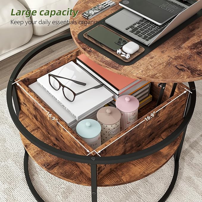 Round Lift Top Coffee Table,Coffee Tables Living Room,Black Coffee Table with Storage Hidden Compartment,Wood Farmhouse Coffee Table Decor,Center Table for Living Room,Modern Coffee Table