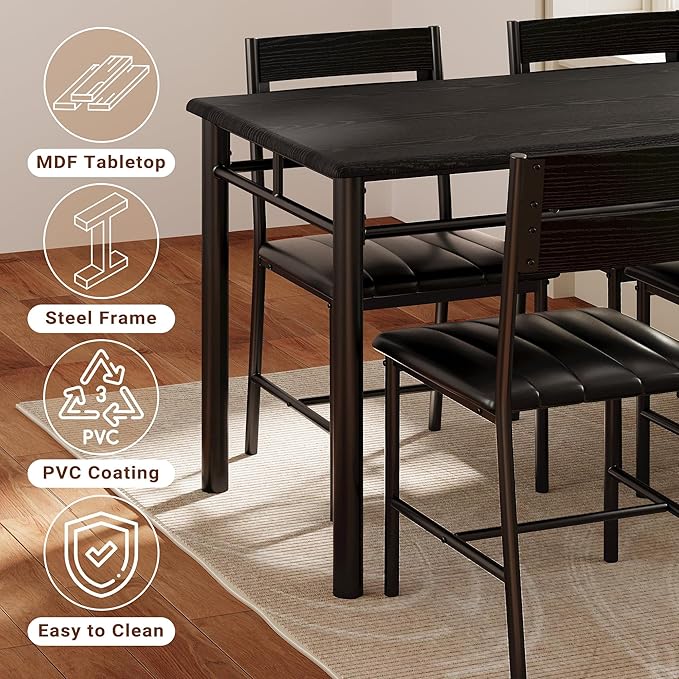 IRONCK Dining Table Set for 4, Wood Kitchen Table with Upholstered Chairs for Kitchen & Dining Room, Compact Dining Set for Small Spaces, Black