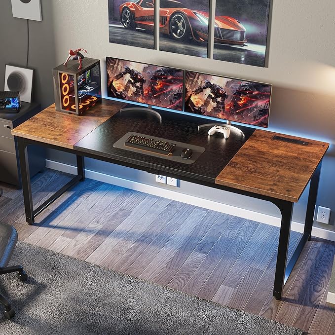 Huuger 63 x 24 inch Desk with Power Outlets & USB-C, Deeper & Thicker Desktop, Robust Metal Tubes, Computer Desk, Heavy Duty Office Desk, Gaming Desk for Home Office, Rutsic Brown and Black