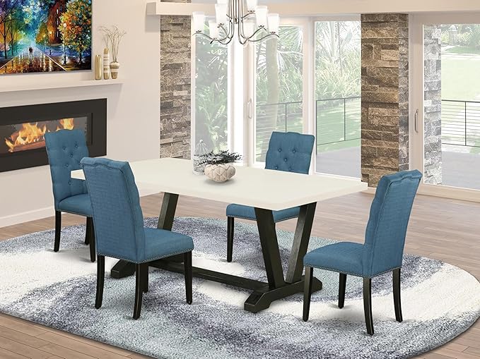 East West Furniture V627EL121-5 5 Piece Kitchen Table Set for 4 Includes a Rectangle Dining Room Table with V-Legs and 4 Blue Linen Fabric Upholstered Chairs, 40x72 Inch, Multi-Color