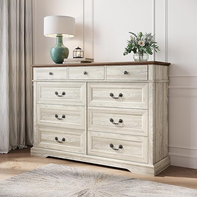 LINSY HOME 9 Drawers Dresser for Bedroom, 54" Wide Wooden Storage Chest with Antique Handles, Modern Farmhouse Large Dresser TV Stand, Chest of Drawers for Closet, Living Room, Hallway, Beige