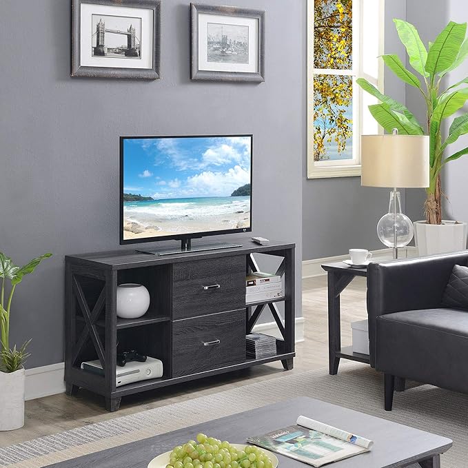 Convenience Concepts Oxford Deluxe 2 Drawer TV Stand with Shelves for TVs up to 55 Inches, Weathered Gray