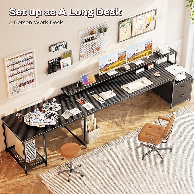 PRAISUN 66 Inch L Shaped Computer Desk with Power Outlets and LED Lights, Home Office Desk with Fabric Drawers and Print Stand, L Shape or Straight Set up, Monitor Stand, Carbon Fiber Black