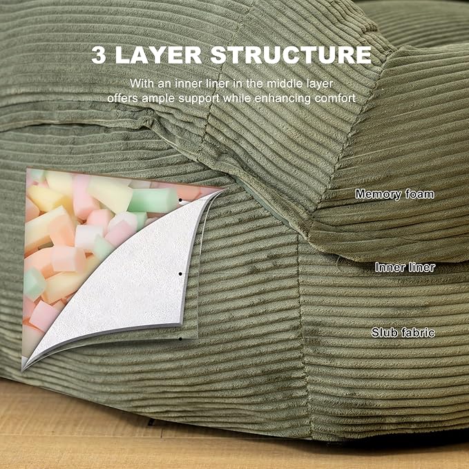 Giant Bean Bag Chair with Armrests - Oversized Cozy Seating for Adults, Corduroy Fabric & High - Density Foam Filling, Ideal Lounge for Living Room, Bedroom & Gaming Room (Olive Green)