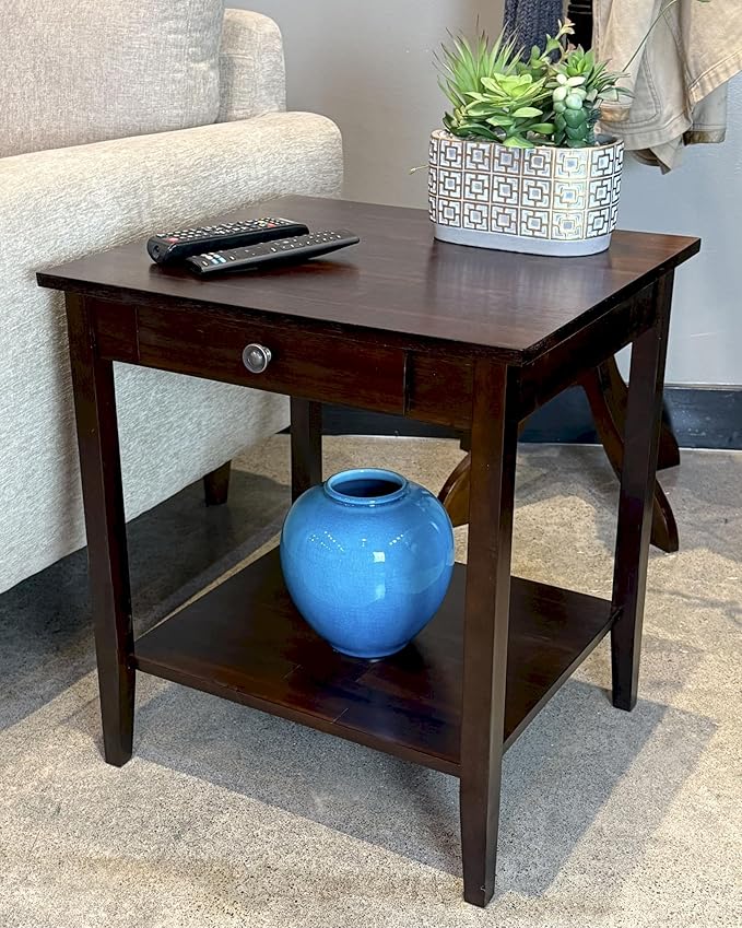 2-Tier Solid Acacia End Table w/Drawer