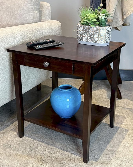 2-Tier Solid Acacia End Table w/Drawer