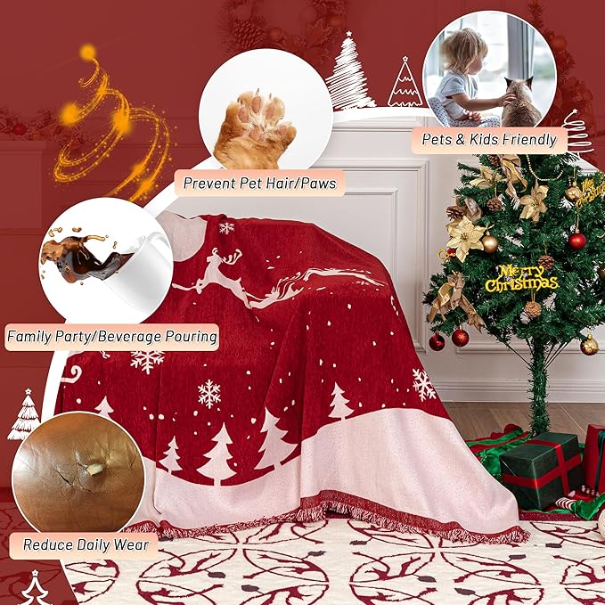 MYSKY HOME Christmas Couch Cover, Washable Pet Couch Covers for Sofa, Sectional Couch Covers L Shape Throw Sofa Slipcover, Soft Washable Sofa Covers for 2 Cushion, 71"x118", Red