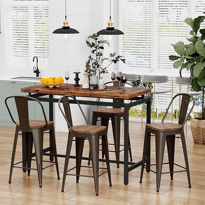 Changjie Furniture 24 Inches Metal Barstools Set of 4 Counter Height Bar Stools Industrial Stools with Backs High Back Chairs for Kitchen Island (24 Inch, Rusty)