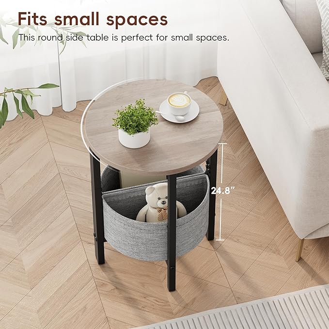 Vagusicc Small Round Side Table End Table with Storage Basket, Accent Coffee Tables Modern Round Nightstand, Set of 2 Half Round Tables, Tall Sofa Table Bedside Table for Living Room Bedroom,Gray