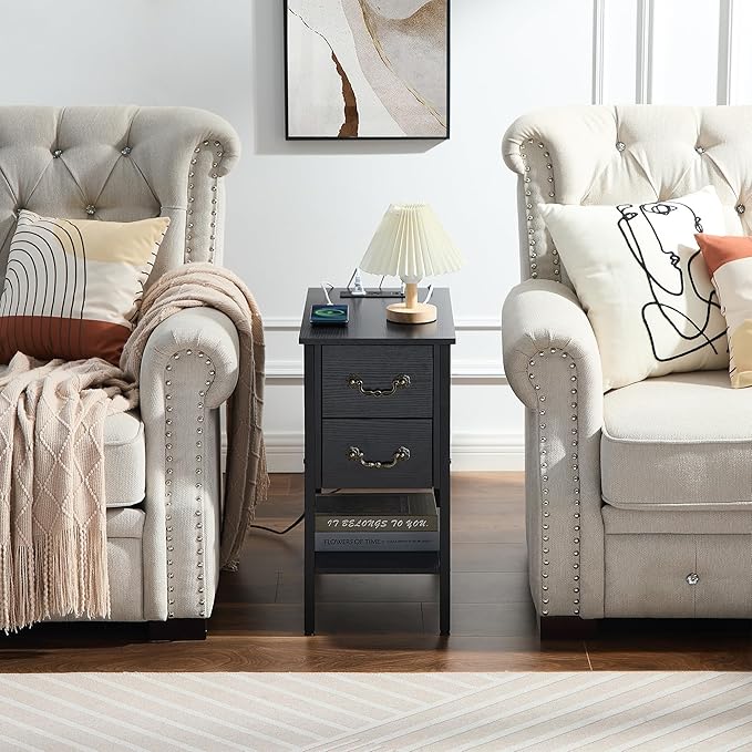 VECELO End Tables,Narrow Nightstands with Charging Station & USB Ports &Drawers,Night Stand for Living Room, Bedroom,Black