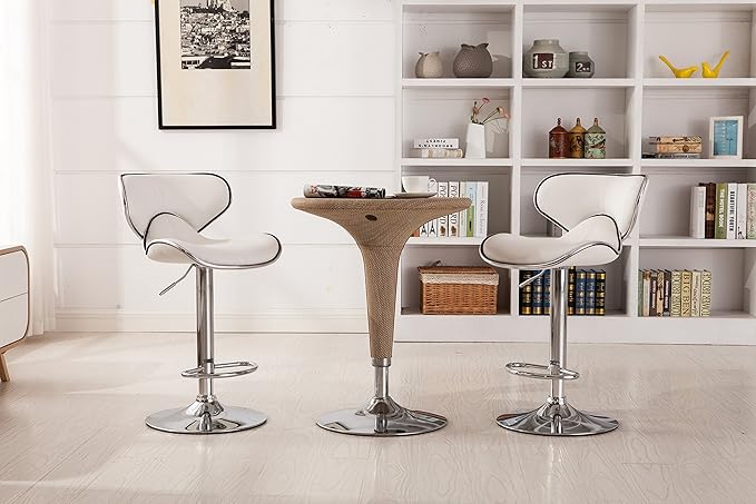 Roundhill Furniture Masaccio Cushioned Leatherette Upholstery Airlift Adjustable Swivel Barstool with Chrome Base, Set of 2, White