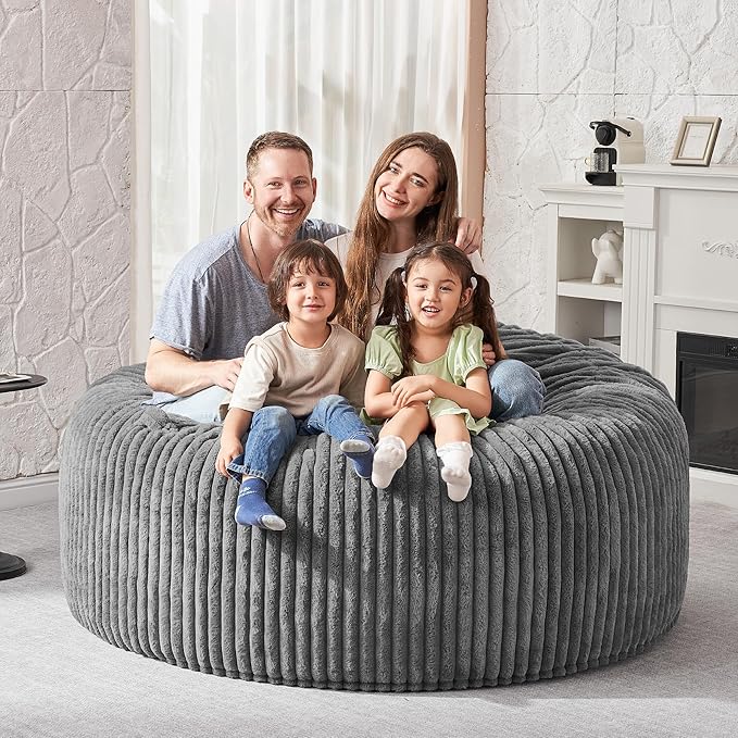 HABUTWAY 5FT Bean Bag Chair, 5' Large Bean Bag Chairs for Adults with Removable Stripe Plush Cover, Memory Foam Beanbag Chair for Living Room Bedroom Dorm (Grey)