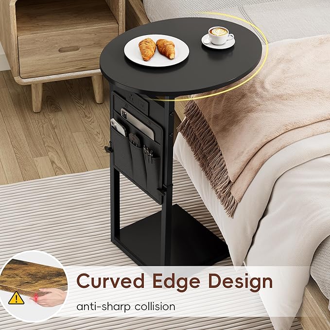 Vagusicc C Shaped End Table with Charging Station, 32" Tall Side Table for Couch and Recliner, Adjustable Height Small Couch Side Table Slide Under Sofa TV Tray Table for Living Room, Bedroom, Black