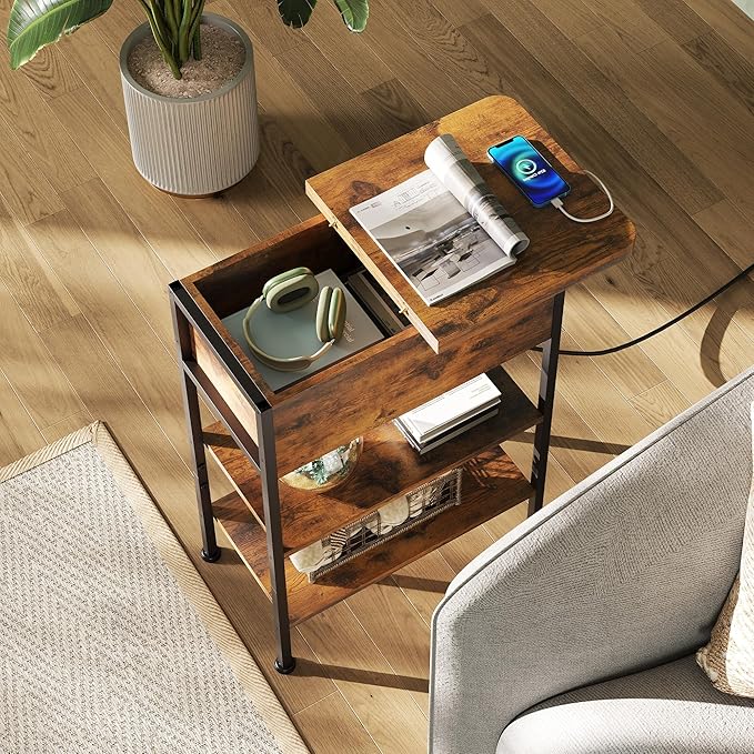 WLIVE End Table with Charging Station, Flip Top Side Table with Storage Shelf, Narrow Bedside Table for Living Room, Sofa Couch Table with USB Ports and Outlets, Bedroom Nightstand, Rustic Brown