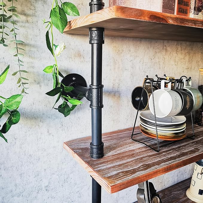 Industrial Ladder Shelves, Wall Mounted Rustic Bookshelf, Retro Wood Metal Pipe Industrial Shelves (Weathered Brown, 5 Tier - 10" D x 48" W x 70" H)