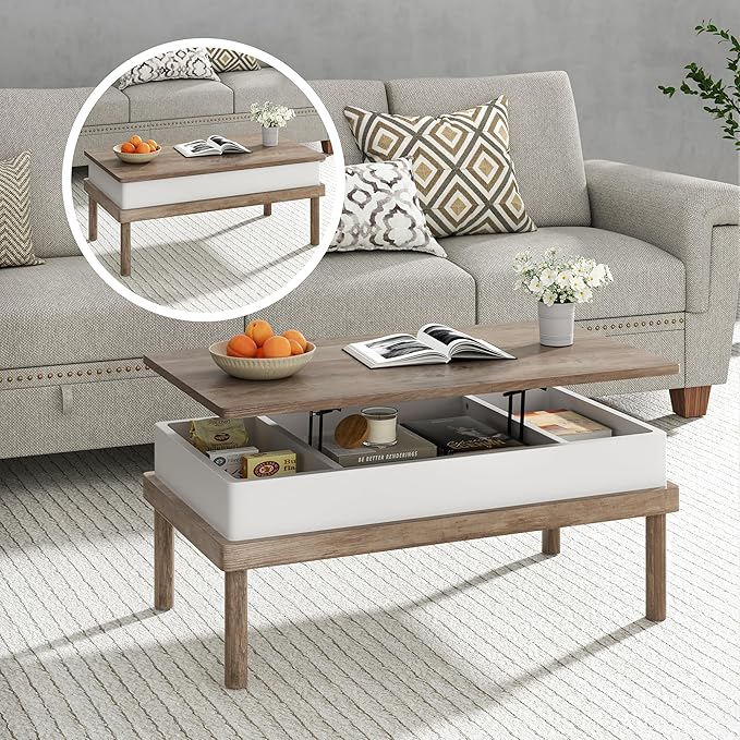 Shintenchi Coffee Table, Lift Top Coffee Table with Hidden Compartment, Rising Tabletop Dining Table, Lift Top Coffee Center Table for for Living Room, Office, Home (Ivory)