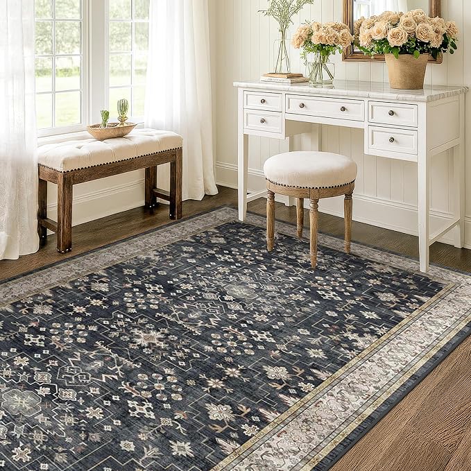 Washable 4x8 Hallway Runner Rug, Black Vintage 8ft Soft Runners for Entry Kitchen Non Slip Low Pile Thin Carpet for Living Room Bedroom Foyer