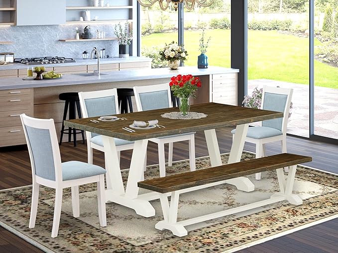 East West Furniture V077MZ015-6 6 Piece Dining Table Set Contains a Rectangle Dining Room Table with V-Legs and 4 Baby Blue Linen Fabric Parson Chairs with a Bench, 40x72 Inch, Multi-Color