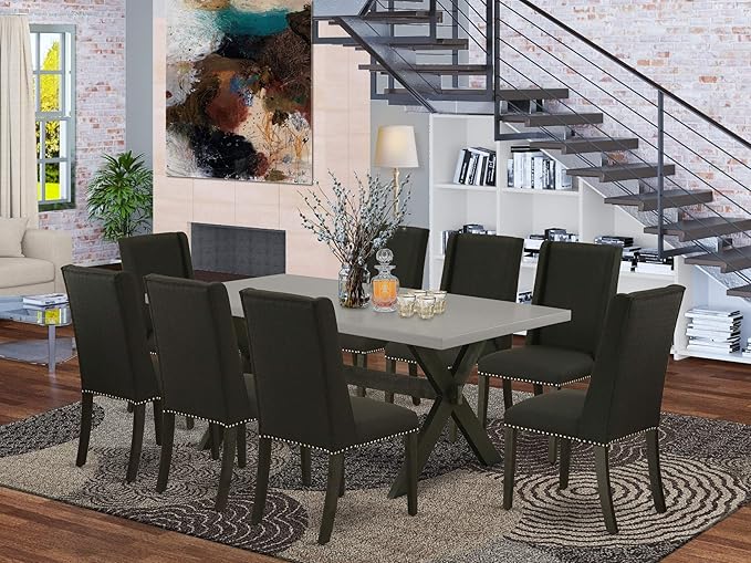 East West Furniture X697FL624-9 9 Piece Dining Room Furniture Set Includes a Rectangle Dining Table with X-Legs and 8 Black Linen Fabric Upholstered Chairs, 40x72 Inch, Multi-Color