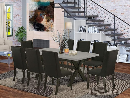 East West Furniture X697FL624-9 9 Piece Dining Room Furniture Set Includes a Rectangle Dining Table with X-Legs and 8 Black Linen Fabric Upholstered Chairs, 40x72 Inch, Multi-Color