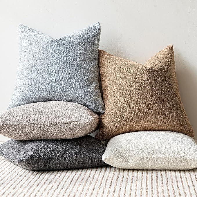 Foindtower Set of 2, Decorative Textured Boucle Throw Pillow Covers Accent Solid Pillow Cases Soft Cozy Couch Cushion Case for Chair Sofa Bedroom Living Room Home Decor 26 x 26 Inch Taupe Khaki Camel