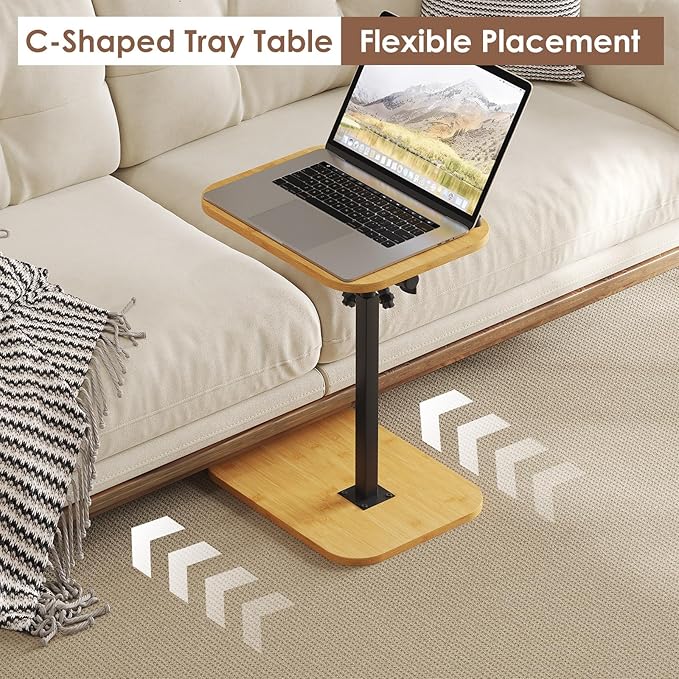 Sofa Couch Arm Table Tv Tray Small Bed Stand C Shaped Side End Tables for Living Room, Bedroom, Natural