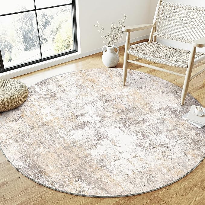 3x3 Washable Round Rug Beige Grey Neutral Abstract Entryway Non Slip Low Pile Area Rug Living Room Bedroom Indoor Doormat Small Soft Carpet for Entrance Bathroom Kitchen