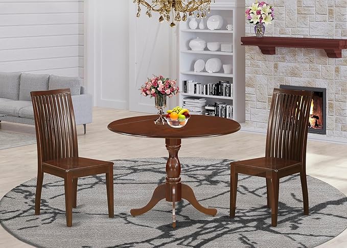 East West Furniture DMIP3-MAH-W 3 Piece Kitchen Table & Chairs Set Contains a Round Dining Room Table with Dropleaf and 2 Dining Chairs, 42x42 Inch, Mahogany