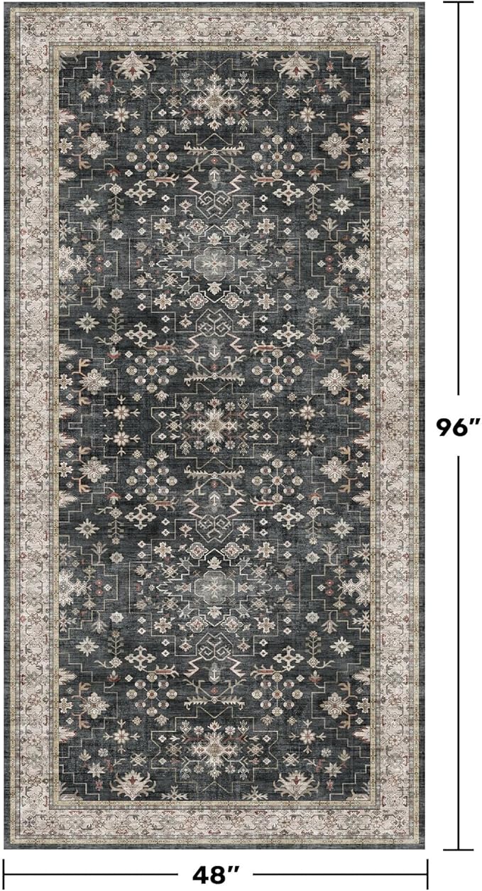 Washable 4x8 Hallway Runner Rug, Black Vintage 8ft Soft Runners for Entry Kitchen Non Slip Low Pile Thin Carpet for Living Room Bedroom Foyer