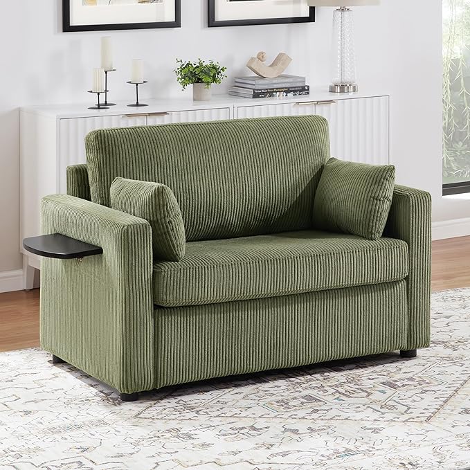 Twin Size Sofa Bed 47.2" Sleeper Sofa Loveseat Sofa with a Foldable Mattress, a Foldable Side Table, a Side Storage Pocket and Two USB Ports for Living Room, Green