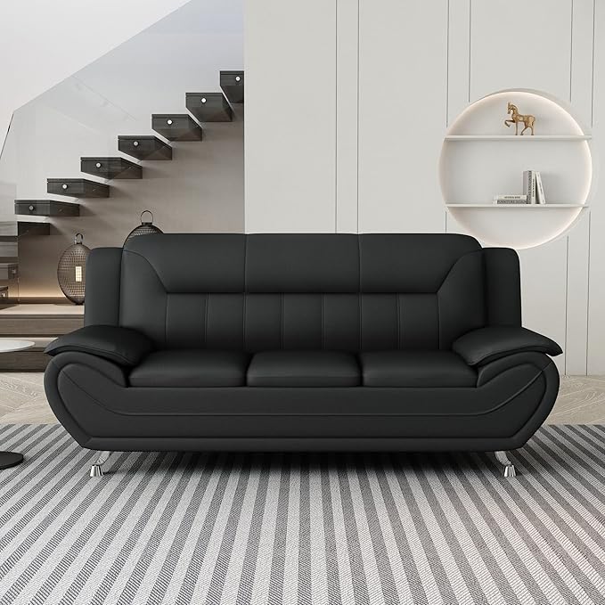 Container Furniture Direct Michael Modern Faux Leather Upholstered Stainless Steel Legs Living Room Sofa, Midnight Black